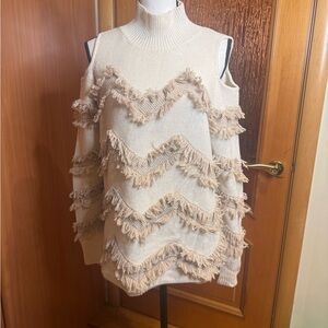 Zoe Jordan Cream and Tan Fringe cut out shop Turtleneck Sweater Sz M/L
